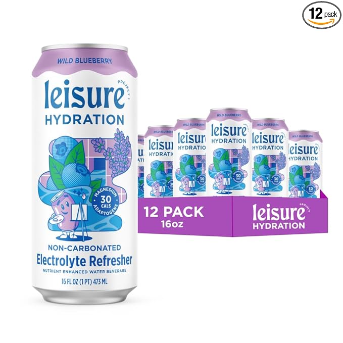 Leisure Hydration Non-Carbonated Electrolyte Refresher, Wild Blueberry Flavor - Low Sugar Nutrient Enhanced Water Beverage - Get The Best Hydration Packed w/ Magnesium & Ashwagandha For Mood & Stress Support, Non-GMO, 16 oz (12-Cans)