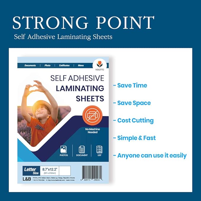 VIOLETTO Self Adhesive Laminating Sheets 12.3x17.1 inch, 20 Pack, 4mil Thickness, No-Machine Needed, QuickPeel, Instashield, Stick&GO (100 Sheets, Letter Size 4mil)
