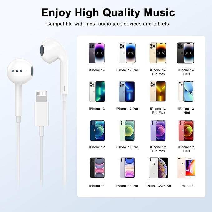 2 Pack [Plug and Play] for iPhone Headphones Wired Earbuds with Built-in Microphone & Volume Control HiFi Stereo Nosie Reduction Earphones for iPhone 14 13 12 11 Pro Max XS XR X 8 7 6, Support All iOS