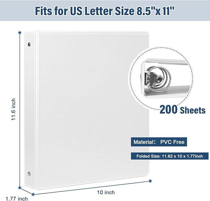 1-Inch 3-Ring-Binder with Pockets - Bundle 12 Packs, 1'' Round Binders Holds 200 Sheets US Letter Size 8.5'' x 11'' - White Binders for Home, Office, and Back to School (1'' - 12 Packs)