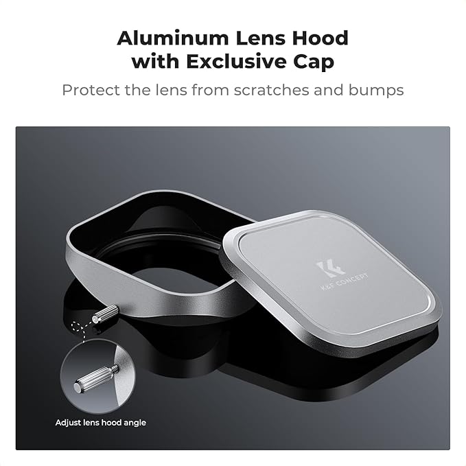K&F CONCEPT Silver Square Metal Lens Hood Lens Cap Kit Compatible with Fujifilm X100/X100F/X100S/X100T/X100V/X100VI Camera Accessories