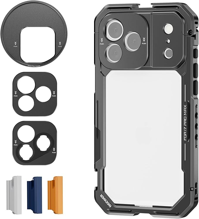 NEEWER Phone Cage Compatible with iPhone 17 Pro, Quick Release Video Rig Stabilizer Accessories with 67mm Filter Ring, 17mm Lens Backplate, T Mount Adapter, 4X Camera Control Cap, PA143 (Black)