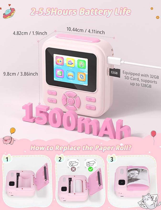Kids Camera Instant Print, 1080P HD Digital Video Kids Instant Camera for Girl Boys, Toddler Toys for Children Age 3-12 with 3 Rolls Print Paper & 32G Card (Pink)