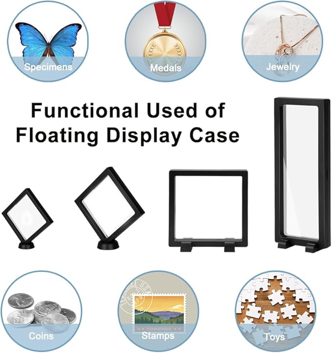RETON 40 Pack 3D Floating Frame Display Case with Bases, Challenge Coin Display Holder Stands, Large Suspension PE Transparent Jewelry Storage Boxes for Medallions Specimen Stamps