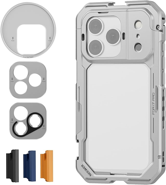 NEEWER Phone Cage Compatible with iPhone 17 Pro, Quick Release Video Rig Stabilizer Accessories with 67mm Filter Ring, 17mm Lens Backplate, T Mount Adapter, 4X Camera Control Cap, PA143 (Silver)