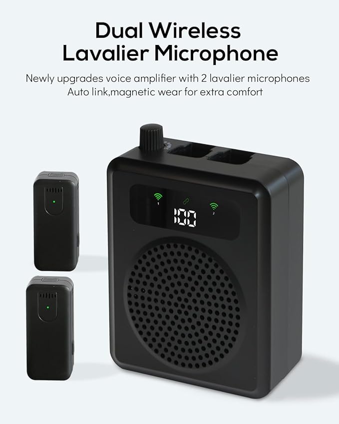 Wireless Voice Amplifier with Lavalier Microphones, Portable Voice Amplifier, Microphone with Speaker, Mini Megaphone with Clip on/Lapel Mic Teacher Microphone for Classroom Speech