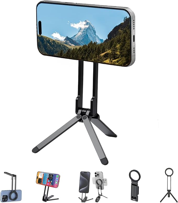 Magnetic Phone Tripod Stand, Foldable Magnetic Pocket Phone Tripod, Aluminum Alloy Mini Portable Cell Phone Stand Magnet Quick Mount,Suitable for Daily Shooting (Black)