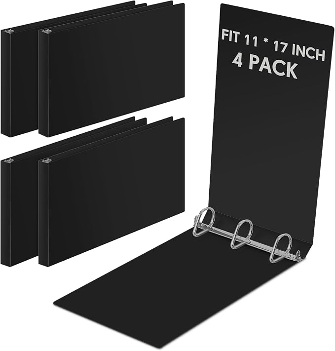 Humyoun 4 Pcs 11 x 17 Inch 3 Ring Binders 3 Inch Rings Heavy Duty View Plastic Flexible D Ring Binders Economy Holds 11" x 17" Paper for Artwork Blueprints, Office, Home, Work Places(Black)