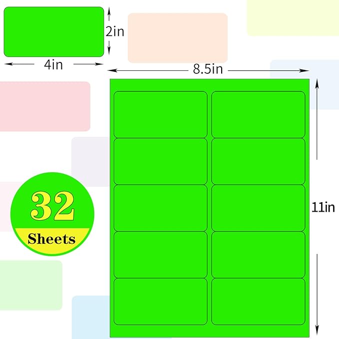 2" x 4" Colored Labels Stickers 8 Colors Bright Moving Labels for Boxs 32 Sheets,320 Labels for Laser/Inkjet Printer, Permanent Adhesive