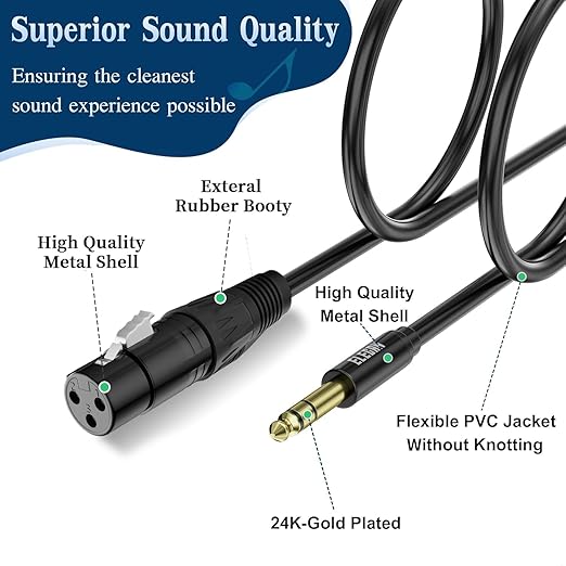Elecan 6.35mm (1/4 Inch) TRS Male to XLR Female Cable 25 Ft, Balanced Professional Shielded Stereo Microphone Cable Cord, Gold Plated for Mixer AMP Speaker Amplifier with 6.35 to 3.5mm Adapter+Ties