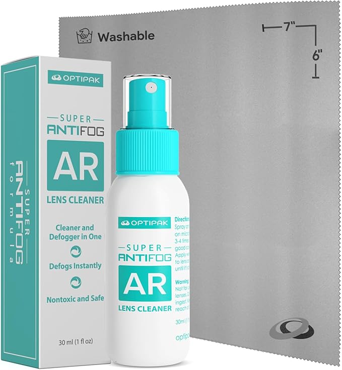 Anti Fog Lens Cleaner Spray Kit | (1) 1oz Anti Fog Glasses Cleaner Spray + (1) Microfiber Cloth for Eyeglasses, Goggles, Sunglasses, Mirror - Eyeglass Defogger Spray Cleaning Kit (2 Piece Set)