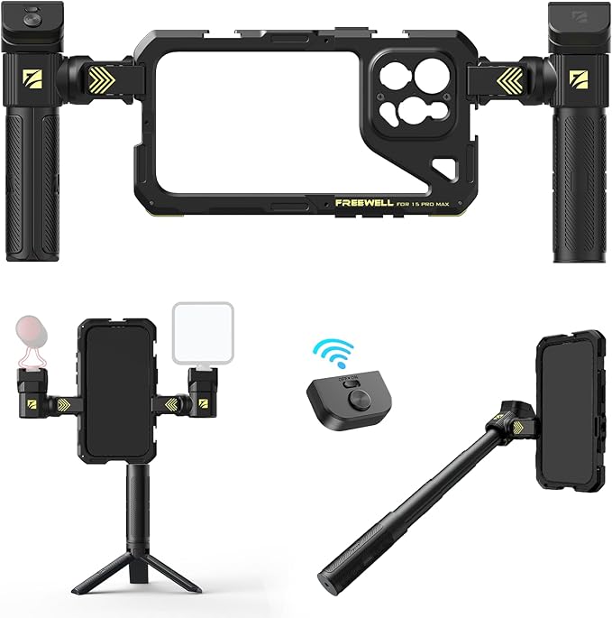Freewell Multifunctional Smartphone Tool-Free Genius Rig Cage – Quick Installation, Tripod and Monopod Handles, Bluetooth Remote for iPhone 15 Pro Max