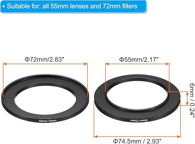 PATIKIL 55mm-72mm Metal Step Up Ring, 2 Pack Camera Lens Filter Adapter Ring Aluminum Filter Adapter Ring for Camera Lenses Hood, Black