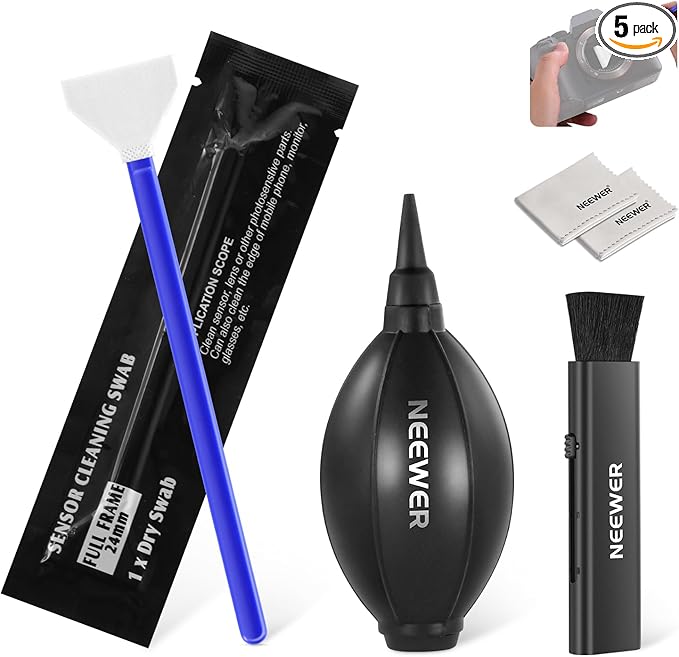 NEEWER 5 in 1 Camera Lens Cleaning Kit, 1x Lens Brush Pen + 1x Air Blower + 1x 24mm Full Frame Sensor Swab + 2X Cleaning Cloth, for Electronics, Smartphones, Tablets, HM-43