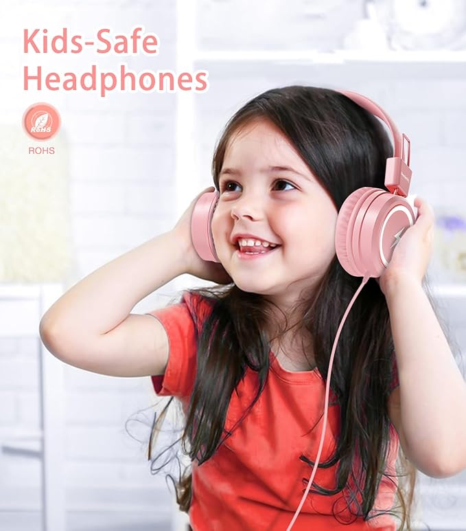 Kids Headphones with LED Lights for School, Upgrade USB Type C Kid Headphone with Microphone, Volume Limiter 85/94dB, Wired On Ear Headphones for Boys/Girls/Tablet/Travel -Pink