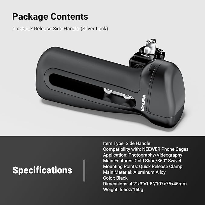 NEEWER Quick Release Side Handle with Anti Off Cold Shoe, 360° Rotation, Silicone Nonslip Grip, Compatible with iPhone 16 Pro Max S25 Ultra Phone Cage Accessories, PA148