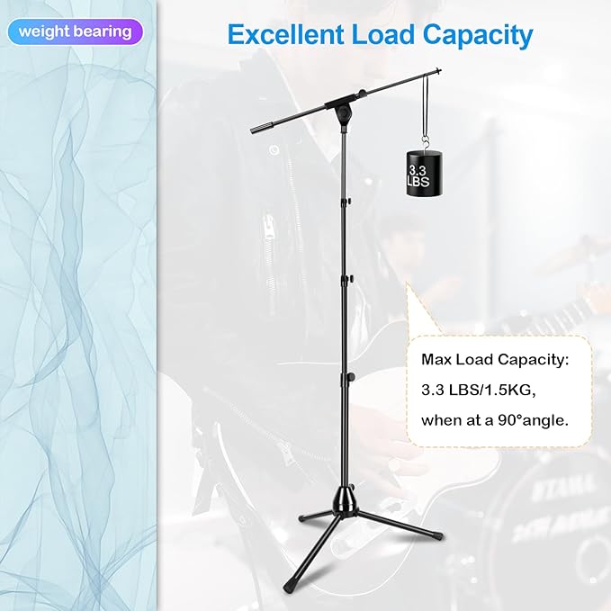 Microphone Stand Floor Foldable Mic Stand Heavy Duty Tripod Boom Arm with 2 Screws Adapter 2 Mic Clips 2 Foam Covers and Carrying Bag for Singing Karaoke Stage HLS02