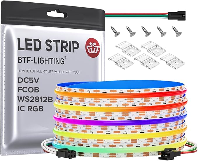 BTF-LIGHTING FCOB COB WS2812B IC RGB LED Strip DC5V 13.1FT Individual Addressable 160Pixel/m 640LEDs 640IC Dream Color IP30 Non-Waterproof High Density Light 0.39in Width(No Adapter or Controller)