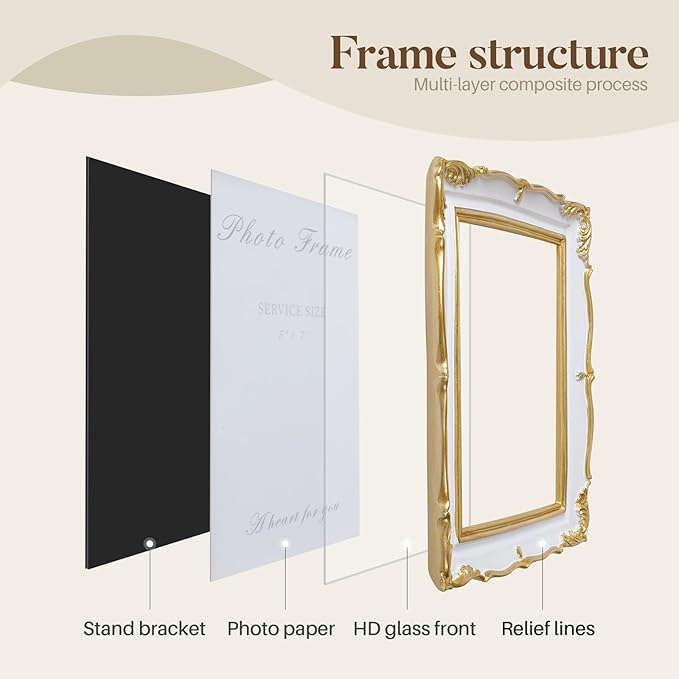 Cuspin 5x7 Picture Frame, White and Gold Vintage Ornate Resin Photo Frame with Glass Front, 5 by 7 Picture Frame for Wall Hanging or Tabletop Display