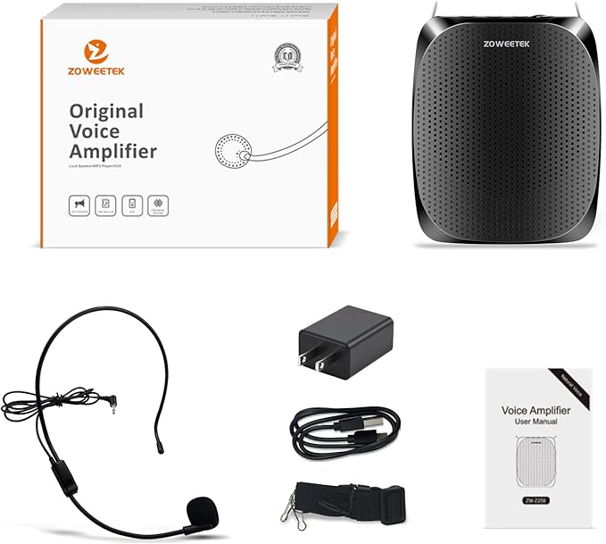 ZOWEETEK ZW-Z258 Portable Rechargeable Mini Voice Amplifier for Teachers with Wired Microphone Headset and Waistband,Supports MP3 Format Audio for Speech, Class, Training,Tour Guide,Power Amplifiers