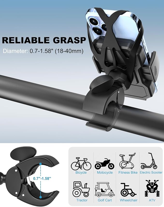 Tractor Phone Clamp Mount, [Upgraded Secure Tether] Stable Cellphone Clip for Forklift/Farming Machine, Front Loader Clip Holder for iPhone 16 15 14, Galaxy S25 S24, 4-7" Phone with Thick Case