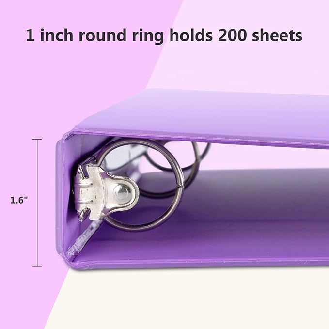 ViVin 1 Inch Round Ring View Binder for Durability, Standard 3 Ring Binder for 200 Sheets of US Letter Size Paper, PVC-Free, 6-Pack (Purple)