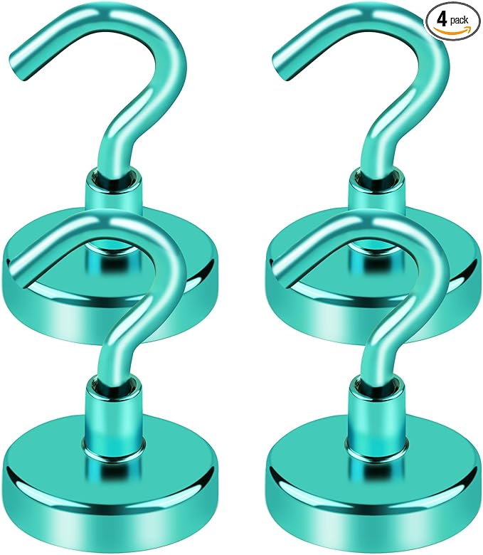 LOVIMAG Cruise Magnetic Hooks, 85Lb Magnet Hooks for Cruise Cabin, Green Magnetic Hooks for Hanging, Refrigerator, Ceiling, Strong Neodymium Magnets with Hooks for Kitchen, Locker, Key Holder-4 Pcs