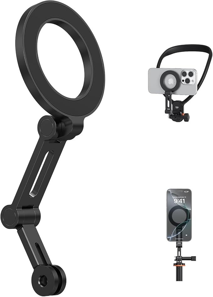 VRIG Magnetic Phone Tripod Mount for Mag Safe, MG-27 Three-Section Foldable Tripods Phone Holder Cellphone Attachment for Tripod/Neck Mount, for iPhone 16 15 14 13 12