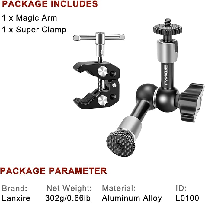 Super Clamp and 5.9 Inches Adjustable Friction Magic Arm with 1/4’’ Screw - Compatible with Camera Cage, Flash, LED Light, Microphone, Monitor - Max Load 4.4lb/2kg