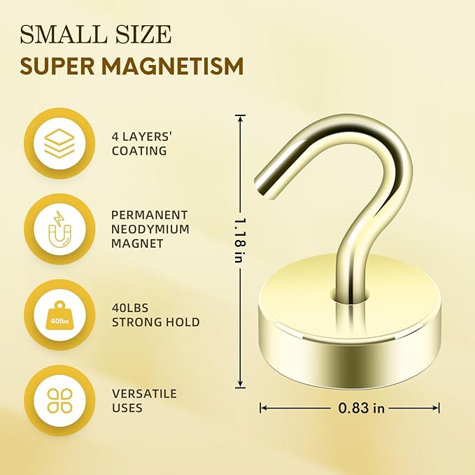 Neosmuk Magnetic Hooks, Cruise Ship Essentials, 40lb+ Heavy Duty Magnetic Hooks for Cruise Cabins, Refrigerator, Grill, Hanging, and Travel | Extra Strong Must-Haves Magnet Hook,Gold,Pack of 5