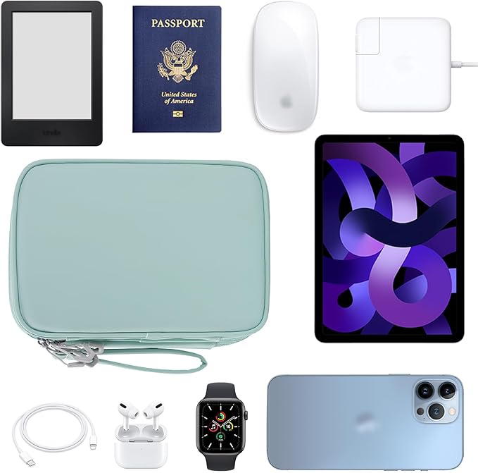 Tablet Accessories Case Bag, Travel Large Electronics Organizer for Chargers & Cords, Cables, 7.9 Inch Tablet, Airplane Essentials, 2 Layers (Mint Green)