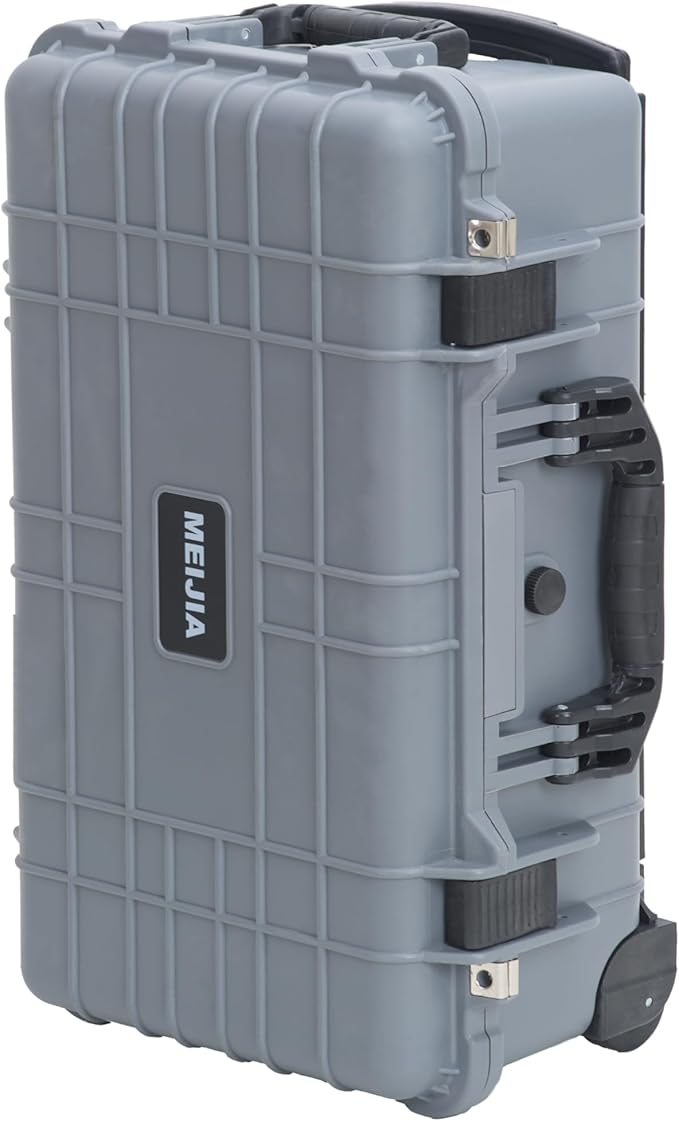 MEIJIA All Weather Rolling Waterproof Protective Case, Hard Camera Case,Dry Case with Retractable Pull Handle and Wheels,Foam Inserted,22 x13.81x9inches (Grey)
