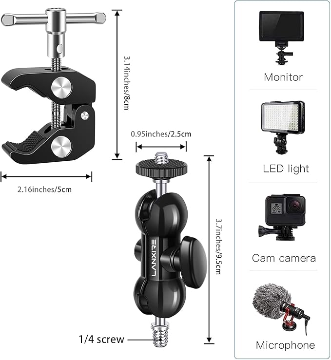 Super Clamp Camera Mount with Double Ball Head Magic Arm and 1/4" Screw - 360° Rotation - Fits for Camera, GoPro, Insta360, Action Camera, Monitor, Microphone - 1/4" and 3/8" Threaded Holes