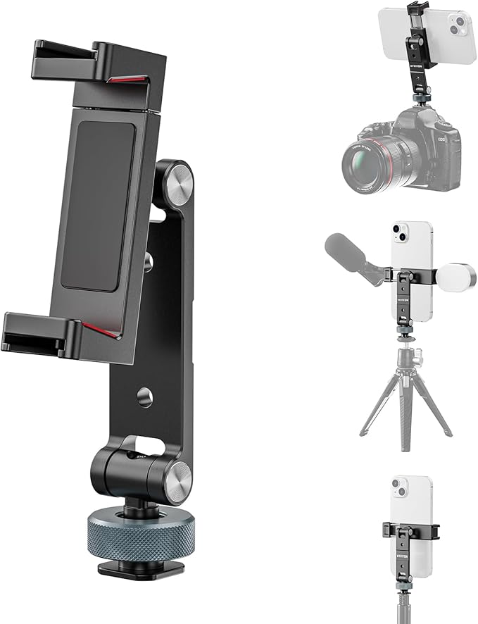 Metal Phone Tripod Mount with 3 Cold Shoe 1/4" Thread, 180° Tilt, 360° Rotation Universal Aluminum Cell Phone Stand Holder for iPhone Samsung Smartphone Clamp Adapter for Desktop Tripod Video