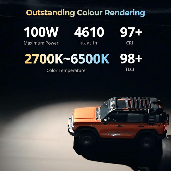 SmallRig RC 100B COB Video Light, 100W Bi-Color 2700K-6500K, Type-C PD Fast Charging, Built-in Battery Plate, with App Control for Photography, Photo Studio, Standard Version (Without Battery) 4893