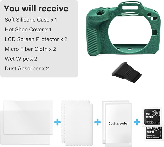 EOS R100 Camera Case Accessories Kit - Silicone Protective Case for Canon eos R100[Green] & LCD Screen Protector for Canon R100[2 Packs] & Camera Hot Shoe Cover for R100
