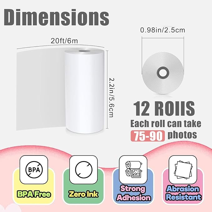 12 Rolls Kids Instant Camera Refill Print Paper, HD Photo Print Camera Print Paper roll refill for Most Kids Instant Camera - Paper Only (57X25mm)