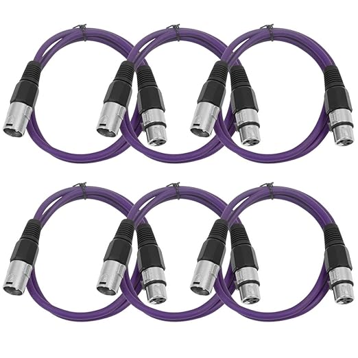 SEISMIC AUDIO - SAXLX-2 - 6 Pack of 2' Purple XLR Male to XLR Female Patch Cables - Balanced - 2 Foot Patch Cords