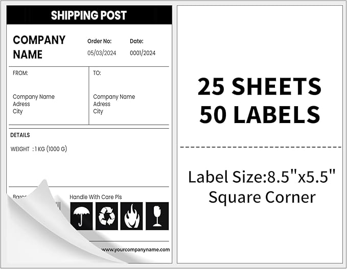 50 Half Sheet Shipping Labels 2 Per Sheet -25 Sheets Sticker Paper for Laser & Inkjet Printers Waterproof Shipping Labels - Strong Aadhesive for Packaging & Crafting