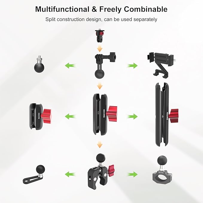 Camera Mount Super Clamp, Double Ballhead Magic Arm Clamp for GoPrO/Pocket 3 /lnsta360 X3 X4 /DSLR/Monitor/LED Light/Flash/Microphone,360°Rotating & 1/4”Screw & CNC Ebike Handlebar Clip Kit, JC008