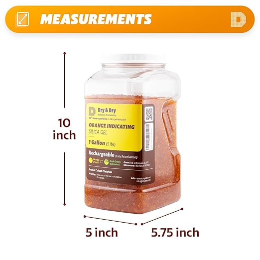 Dry & Dry [5 LBS] Premium Orange Indicating Silica Gel Desiccant Beads(Industry Standard 3-5 mm) - Rechargeable Silica Gel Beads(5 LBS)