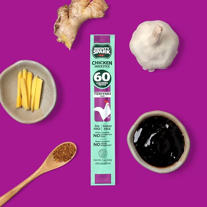 Mighty Spark Chicken Snack Sticks - Teriyaki - 5g of Protein, No Hormones Added, Gluten Free, Soy Free Meat Sticks - High Protein Keto Snacks, Weight Watchers Approved Snacks - 48 Count