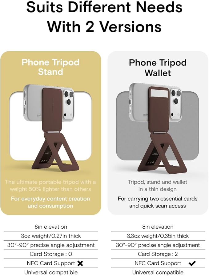 MOFT Phone Tripod Stand Selfie Stick for iPhone, Multi-Angles iPhone Stand, Lightweight & Portable Phone Holder, Strong Magnets, MOVAS Vegan Leather, Travel Essentials, Brownie (Without Card Slot)