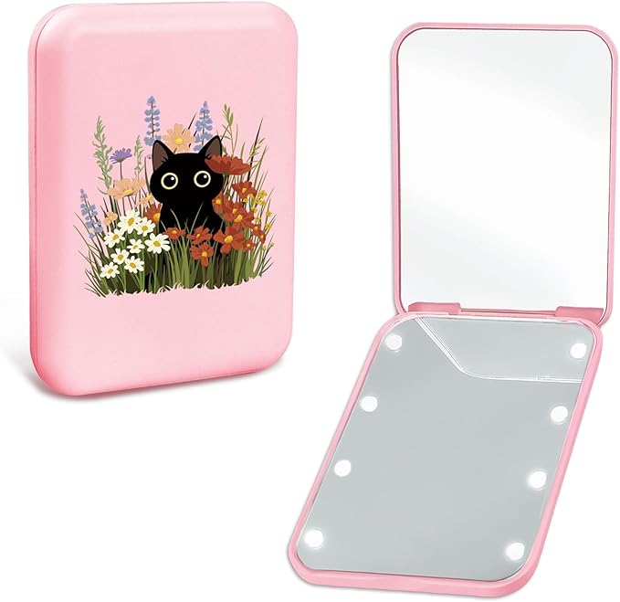 Preppy Mini Pink Travel Compact Mirror with Light for Purses 1X/2X Magnification Small Led Portable Pocket Makeup Mirror, Trendy Christmas Birthday Gift Stocking Stuffers for Teen Girls Women