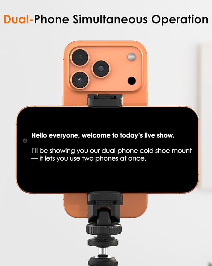 Tripod Phone Mount, Dual Phone Holder with 4 Cold Shoe and 1/4" Screw, 360° Rotates and 180° Tilts Adjustable Cold Shoe Mount for Phone, Camera, Stabilizers, Video, Live Streaming, Vlogging