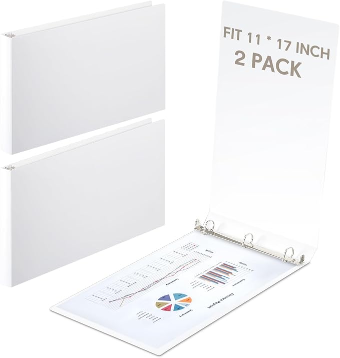 Humyoun 2 Pcs 11 x 17 Inch 3 Ring Binders 1 Inch Rings Heavy Duty View D Ring Binders Economy Holds 11" x 17" Paper for Artwork Blueprints, Office, Home, Work Places(White)