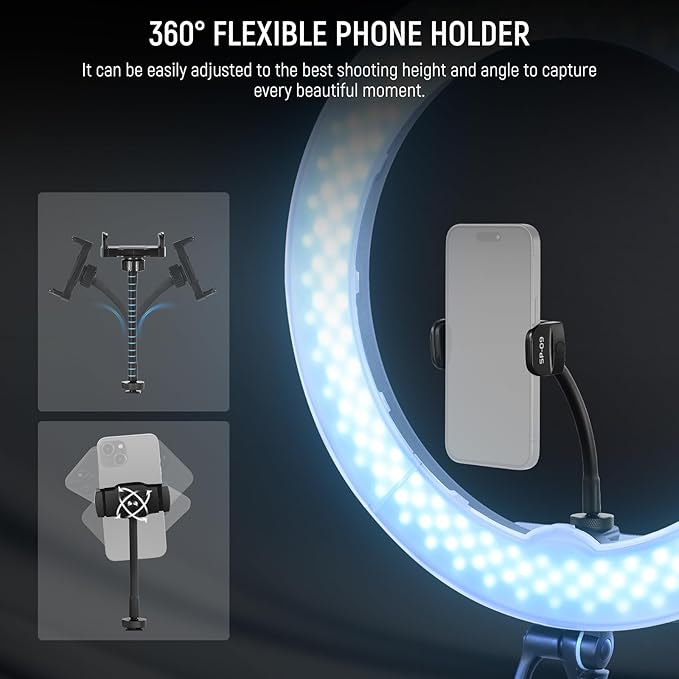 NEEWER Flexible Phone Holder with Cold Shoe for Ring Light, LED Video Light, 2.56"-3.74"/6.5-9.5cm 360° Cellphone Clamp, Compatible with iPhone 15 Pro Max Galaxy S24 Ultra Huawei, SP-09