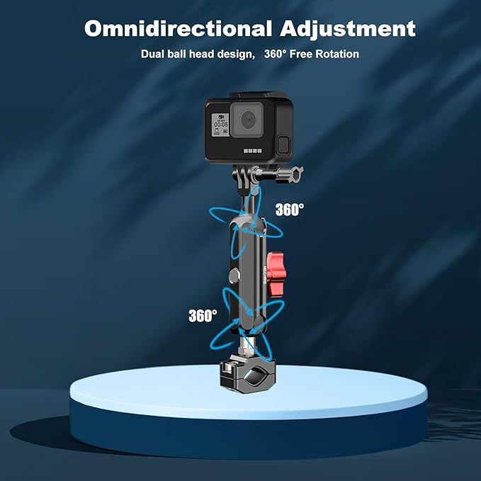 Camera Clamp Mount, Super Camera Mount Double Ball Head Magic Arm Adapter with U-Shaped for Motorcycle Handlebar Mounts & Aluminum Alloy Super Clamp for DSLR, 360° Rotating, 78002