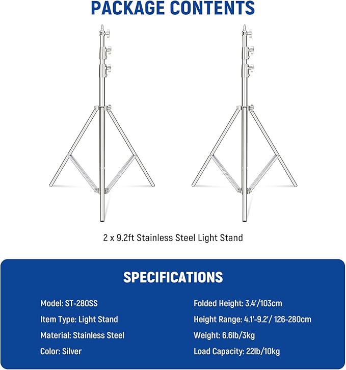 NEEWER 2Pcs 9.2ft Stainless Steel Light Stands, Spring Cushioned Heavy Duty Photography Tripod Stand with 1/4"-3/8" Adapter for Strobe Video Ring Light Monolight Softbox, 22lb Max Load, ST-280SS