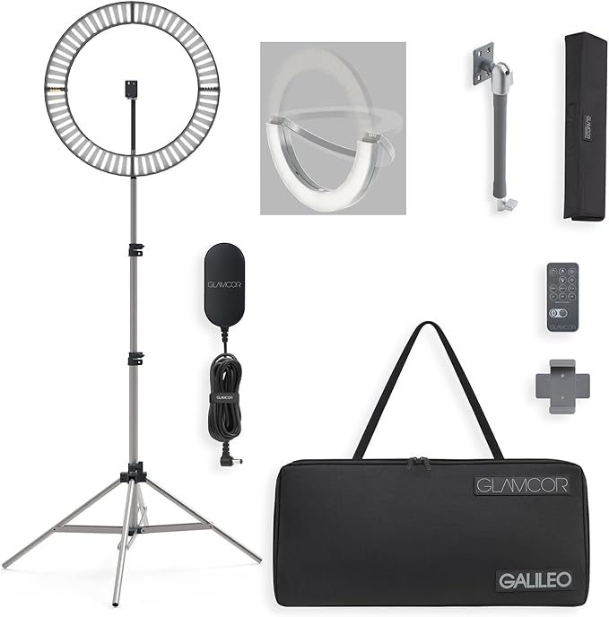 GLAMCOR Galileo Pro Kit: Foldable Ring Light with Stand - Portable Ring Light for Phone Content Creator Kit with Bluetooth Selfie Function | Adjustable Temperature, USB Fast-Charging, Remote Control